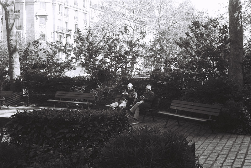 A couple in a park looking at there mobile phones.